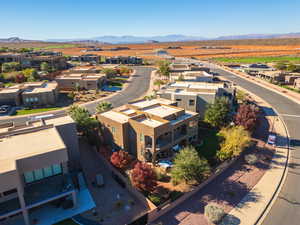 Aerial perspective of suburban area featuring mountains
