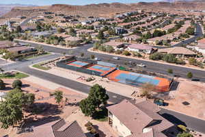 Aerial perspective of suburban area featuring mountains