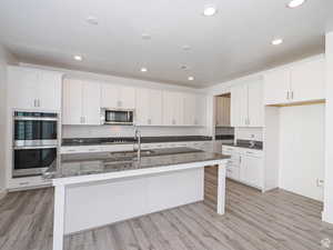 Kitchen with stainless steel appliances, dark stone counters, an island with sink, white cabinetry, and recessed lighting