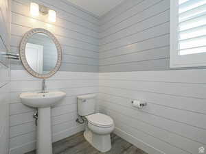 Bathroom with wood finished floors and wood walls