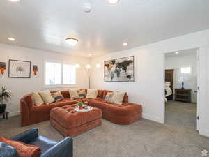 Living room featuring carpet, a textured ceiling, and recessed lighting