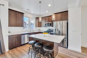 Kitchen with dark brown cabinetry, stainless steel appliances, light wood finished floors, hanging light fixtures, and recessed lighting