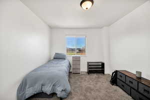 Carpeted bedroom featuring baseboards