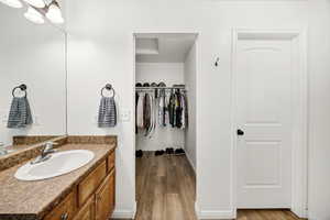 Bathroom with vanity, dark wood finished floors, and a walk in closet