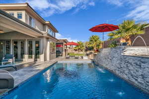 View of pool featuring a fenced backyard, a patio, and french doors