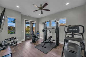 Workout area with hardwood / wood-style flooring, plenty of natural light, ceiling fan, and recessed lighting