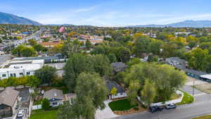 Aerial view of residential area with a mountainous background