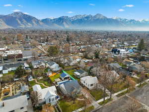 Aerial view of residential area with mountains