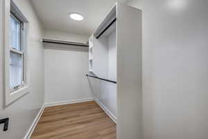 Walk in closet featuring light wood-style flooring