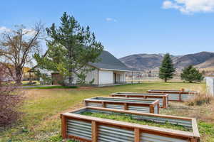 View of yard featuring a patio area, a garden, and a mountain view