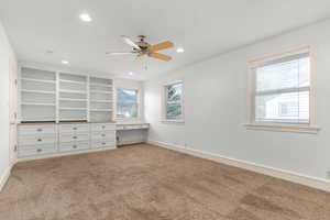 Unfurnished bedroom featuring recessed lighting, a ceiling fan, and light colored carpet