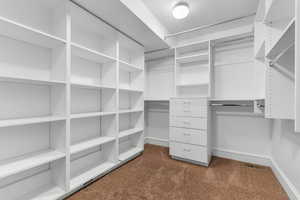 Walk in closet featuring dark colored carpet