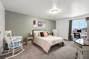 Carpeted bedroom with an office area and baseboards
