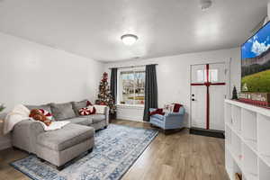 Living area featuring light wood-type flooring and a textured ceiling
