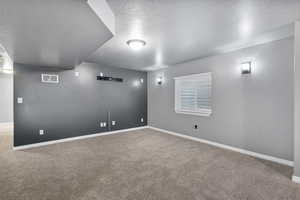 Theater room set up Basement with a textured ceiling and carpet