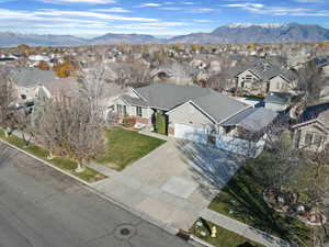 Aerial view of residential area with mountains