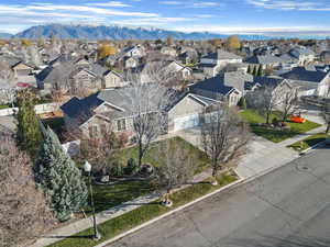 Aerial view of residential area with mountains