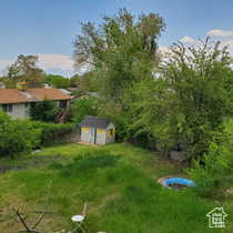 View of grassy yard featuring a storage unit