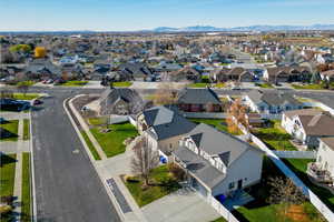 Aerial perspective of suburban area with mountains