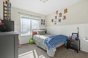 Carpeted bedroom featuring a wainscoted wall
