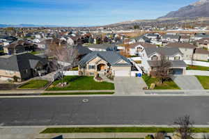 Aerial perspective of suburban area with mountains