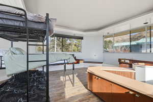 Bedroom with dark wood-style floors and a tray ceiling