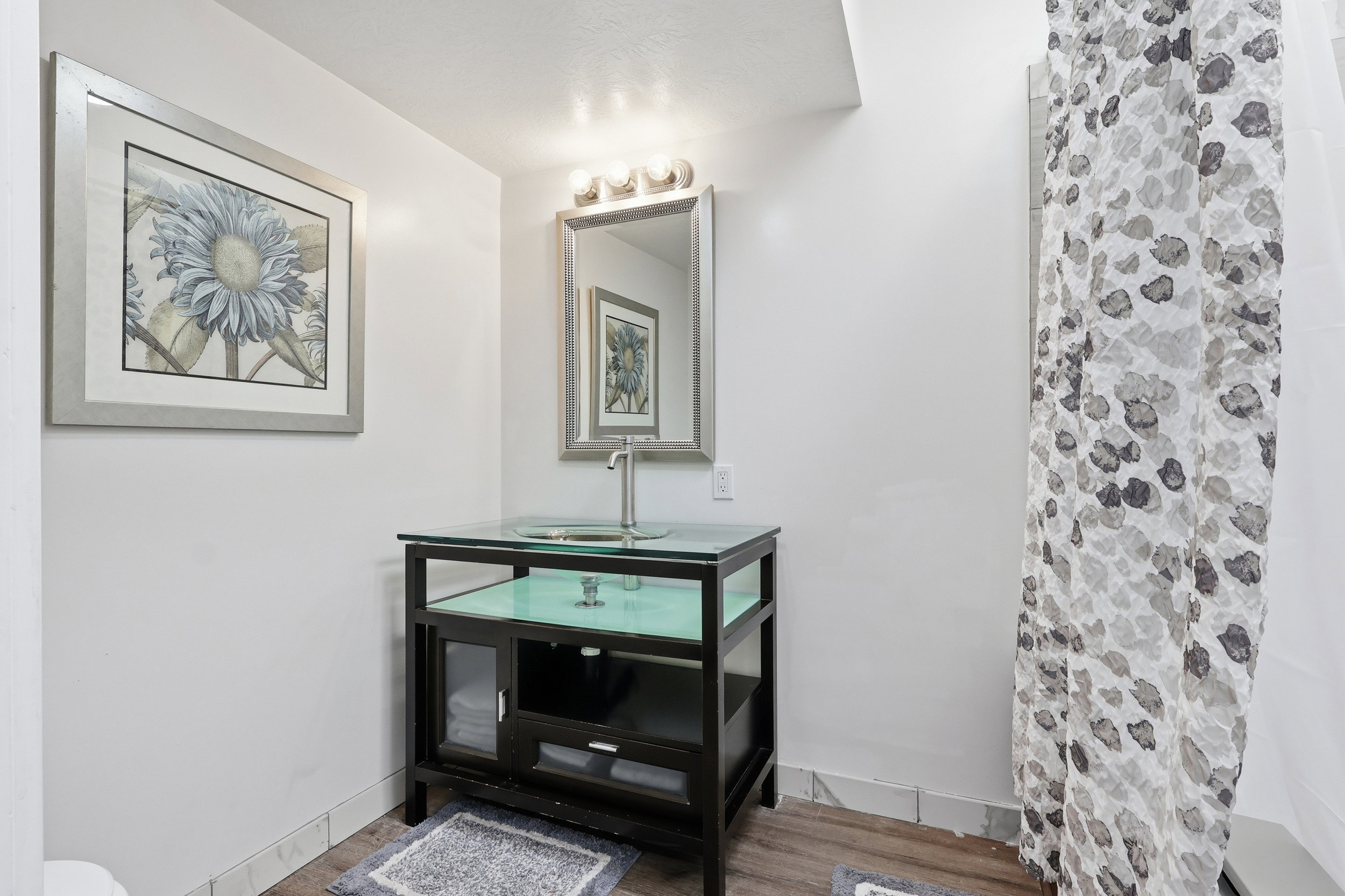 Full bath featuring a shower with shower curtain, wood finished floors, and vanity