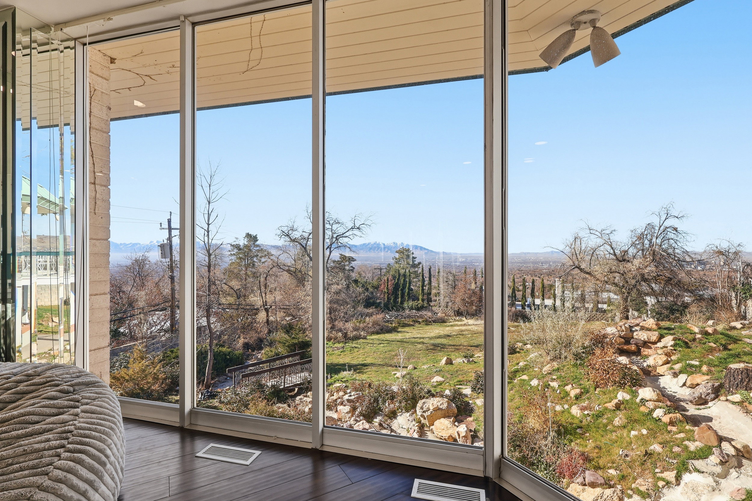 Interior space featuring a mountain view and wood finished floors