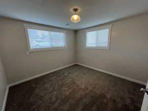 Empty room with dark colored carpet and baseboards