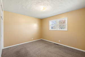 Unfurnished room with a textured ceiling and carpet
