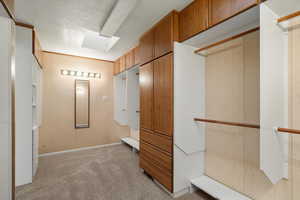 Walk in closet featuring light colored carpet
