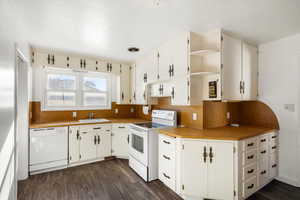 Kitchen featuring open shelves, white appliances, light countertops, dark wood-style floors, and tasteful backsplash