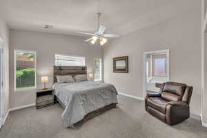 Bedroom with multiple windows, light colored carpet, and a textured ceiling