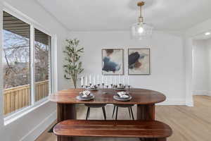 Dining room with light wood-style floors and baseboards