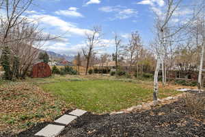 View of yard featuring a storage unit