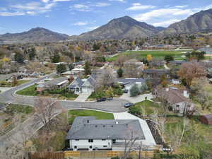 Aerial perspective of suburban area featuring mountains