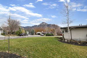 View of green lawn with a mountain view and driveway