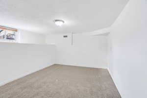 Basement featuring a textured ceiling and carpet floors