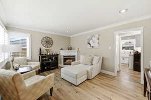 Living area featuring a warm lit fireplace, light wood-style flooring, and ornamental molding