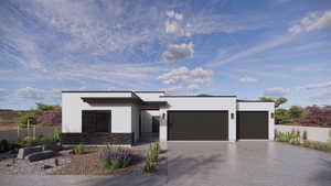 Contemporary home with an attached garage, concrete driveway, stucco siding, and stone siding