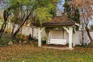 View of outbuilding with a fenced backyard