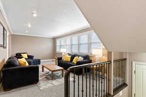 Carpeted living area with a textured ceiling and crown molding