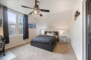 Carpeted bedroom with lofted ceiling and a ceiling fan