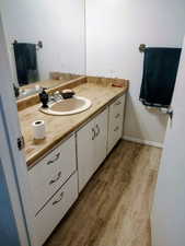 Bathroom with vanity and light wood-style flooring