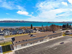 Aerial view of a water and mountain view