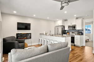 Living area with light wood-style flooring, ceiling fan, recessed lighting, and a glass covered fireplace