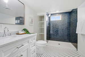 Full bathroom with vanity and a stall shower