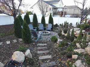 Fenced backyard with a fire pit
