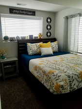 Bedroom with multiple windows and dark colored carpet