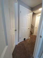 Hall with dark carpet and stairway